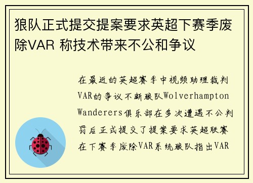 狼队正式提交提案要求英超下赛季废除VAR 称技术带来不公和争议